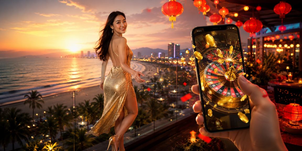 Người chơi tại bãi biển Đà Nẵng mở casino trực tuyến trên điện thoại lúc chiều tà