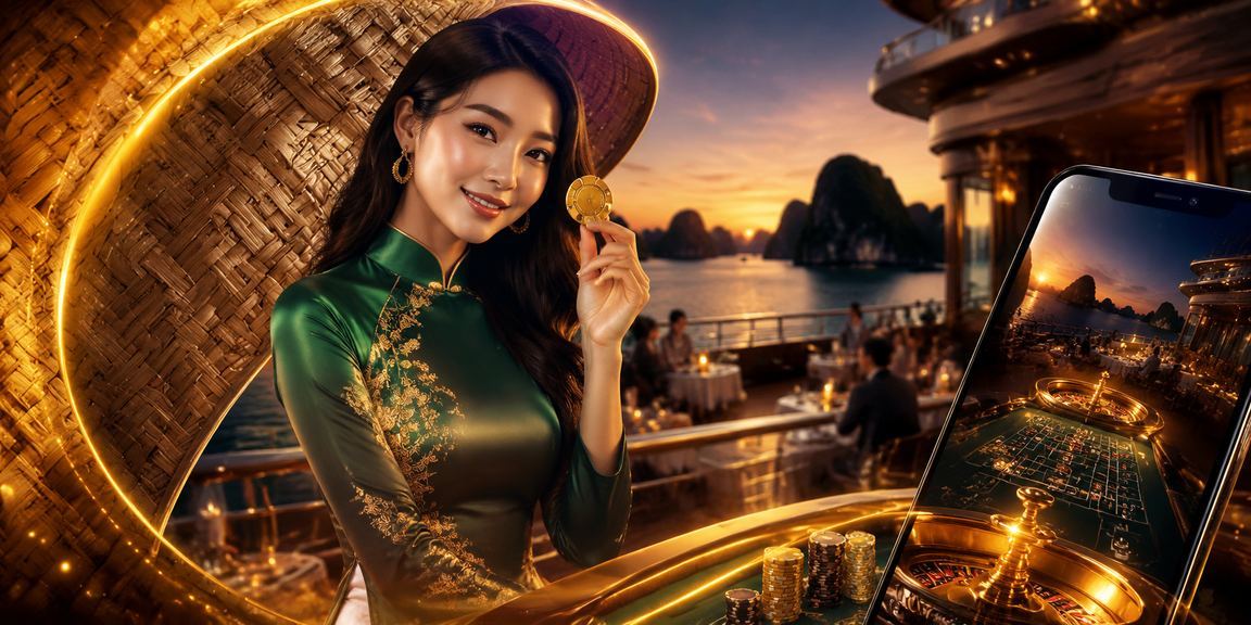 Người phụ nữ đội nón lá chơi casino trên điện thoại di động tại vịnh Hạ Long