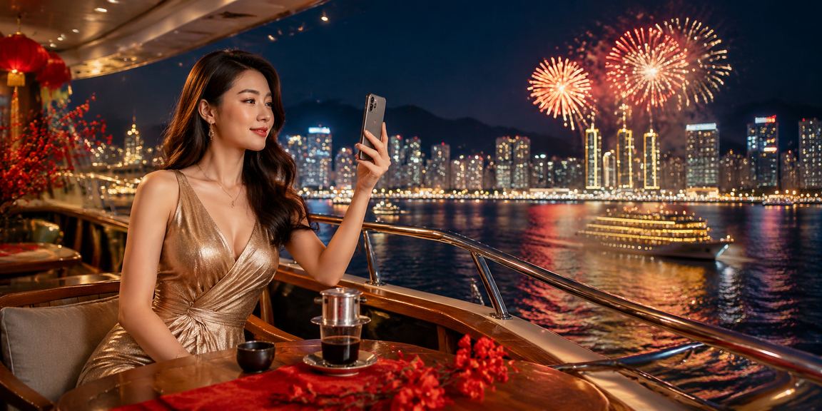 Khách hàng VIP tại Nha Trang thưởng thức cà phê và kiểm tra ưu đãi tiền thưởng casino trên điện thoại